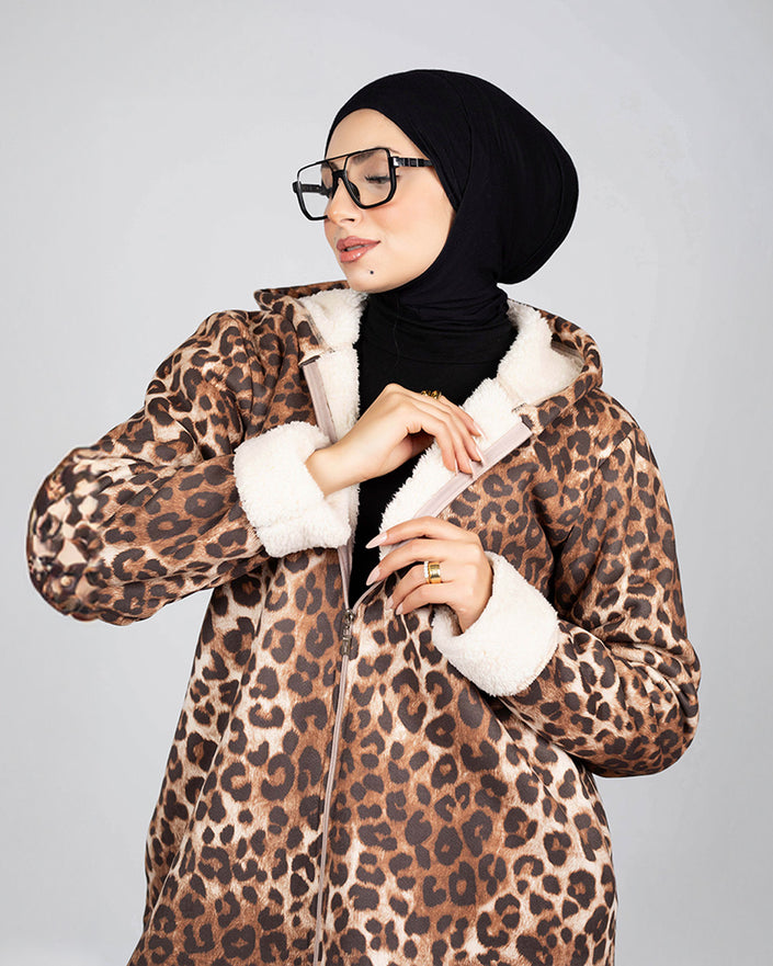 Fur-lined leopard print jacket in brown and beige leopard