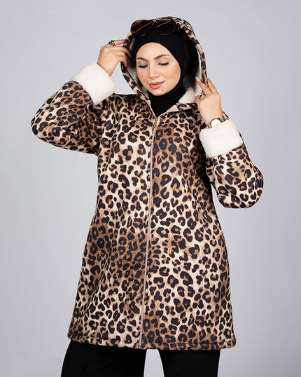 Fur-lined leopard print jacket in black and beige leopard