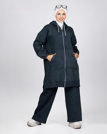 Zip-up melton tracksuit for hijabis in black
