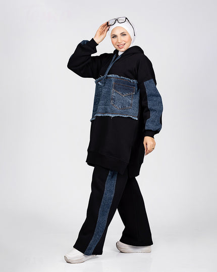 Casual sweatshirt suit with denim panel