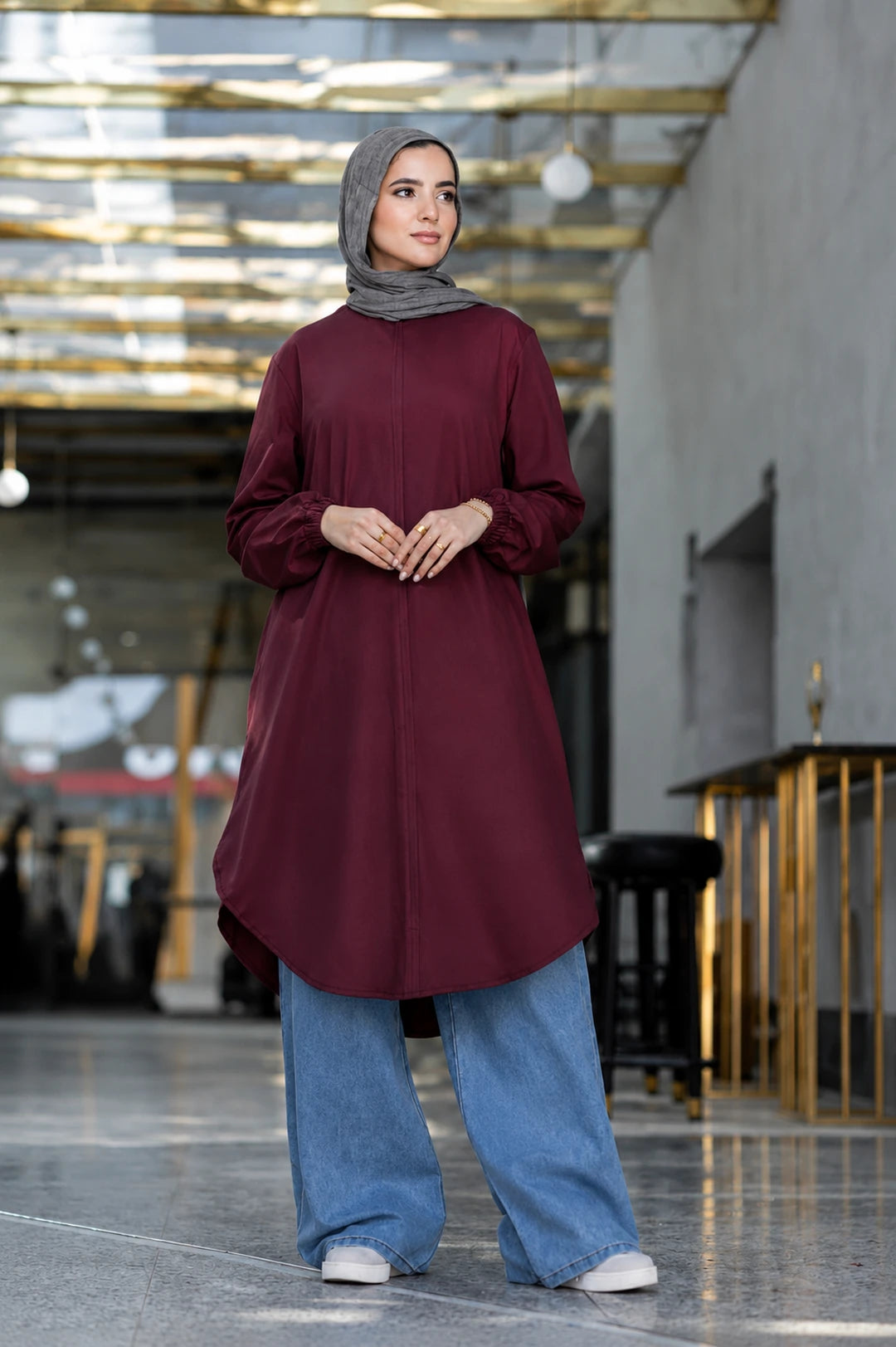 Long melton sweatshirt for hijabis in burgundy