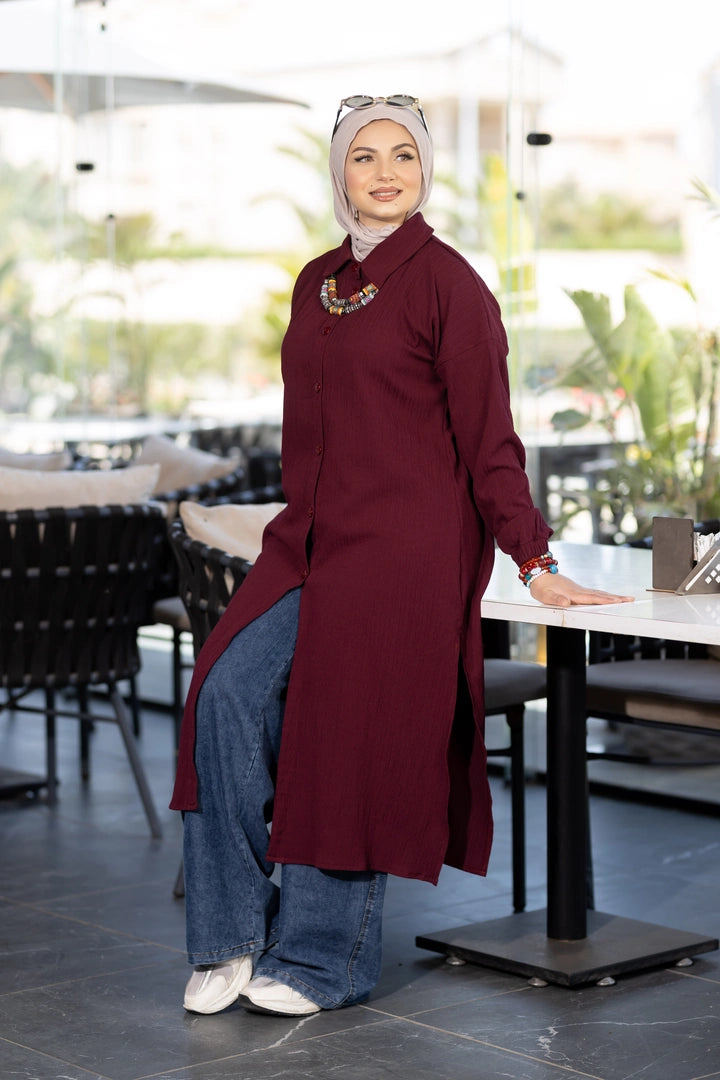 Long summer shirt for hijabis in burgundy