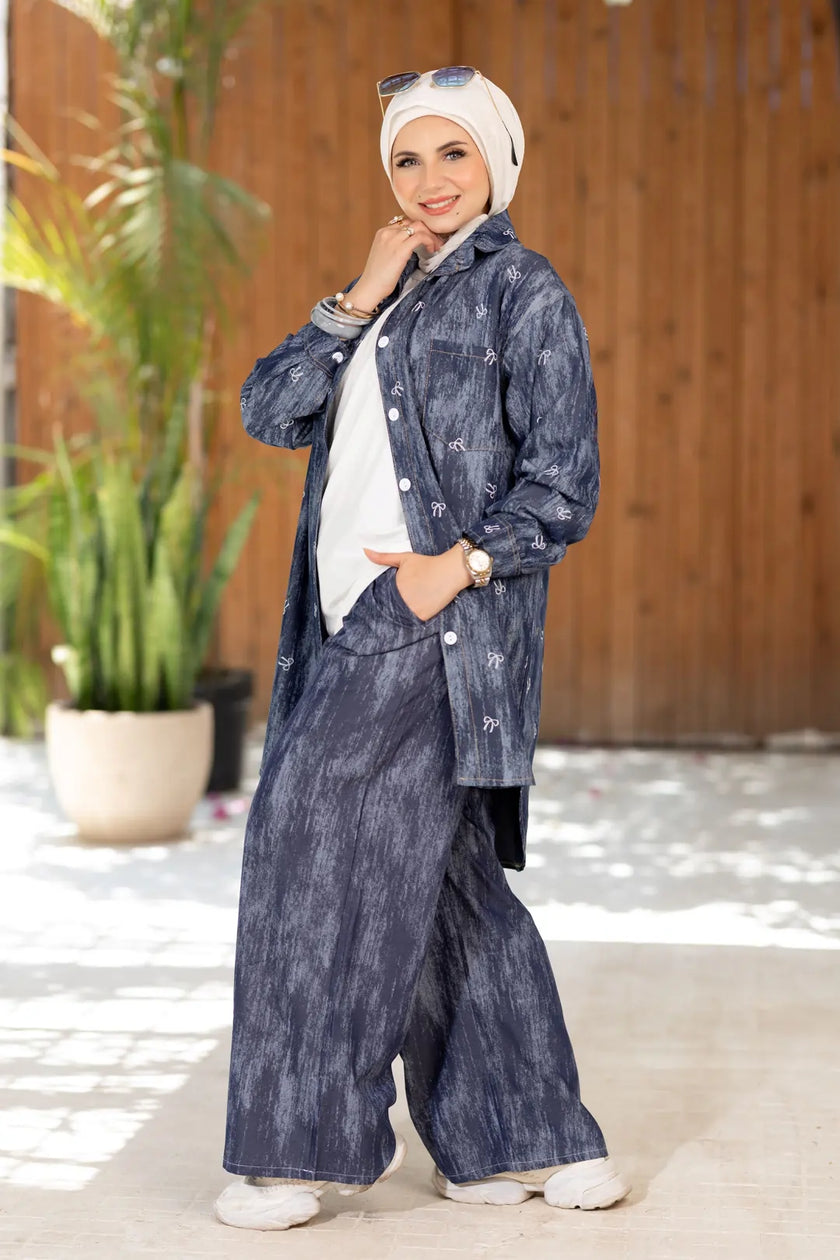 Summer denim set, long shirt and pants in dark denim